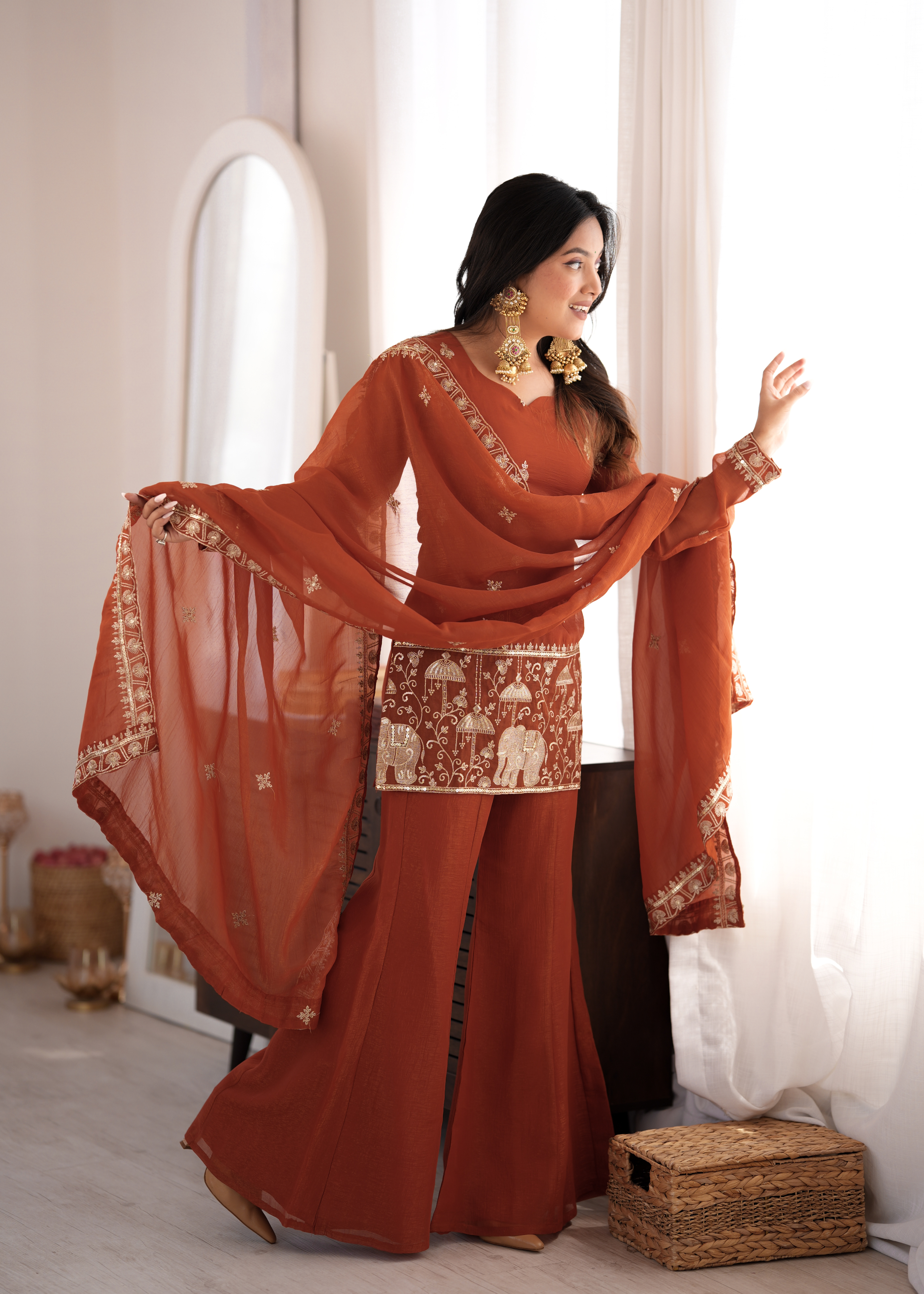 Premium Crunchy Silk Embroidered Bell Bottom Set