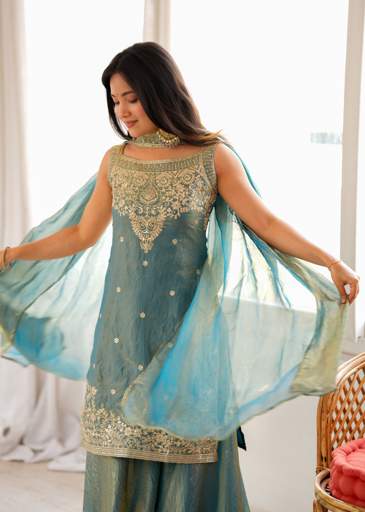 Premium Fendy Silk Embroidered Sharara Set with Dupatta