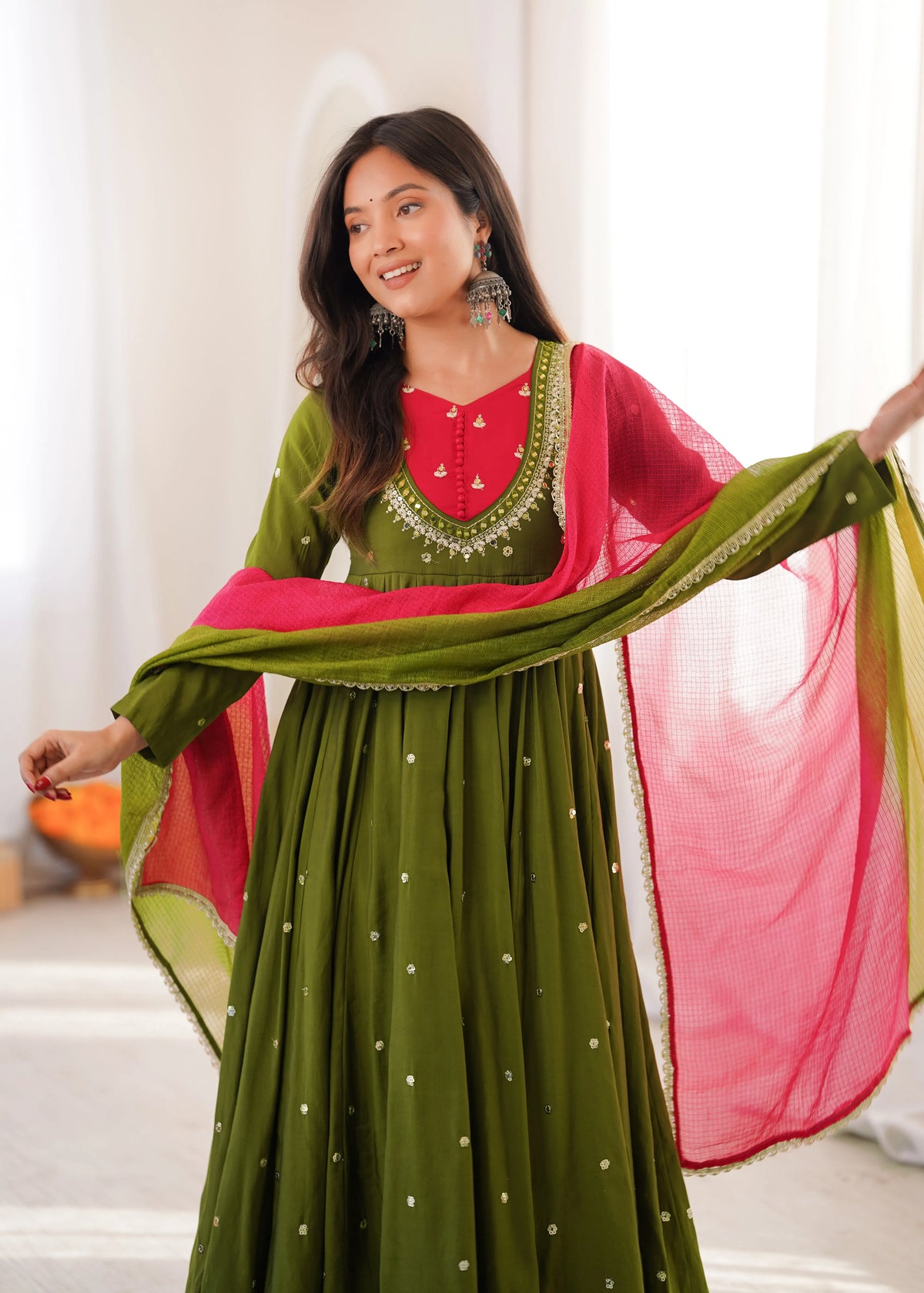 Premium Roman Silk Anarkali Gown with Embroidery, Sequin & Real Mirror Work