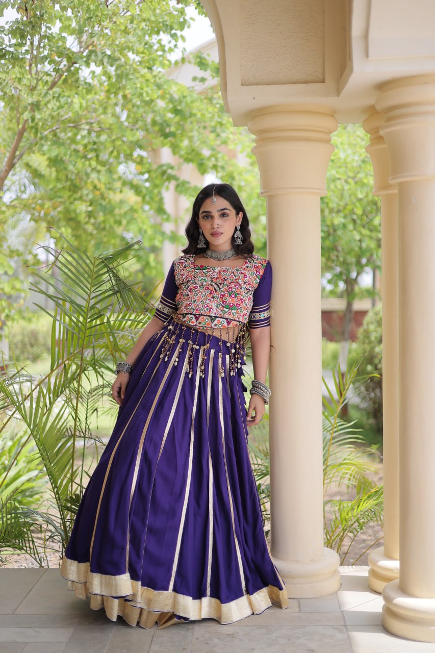 Reyon Navratri Lehenga Choli with Gota Patti Lace, Gamthi Embroidery & Real Mirror Work