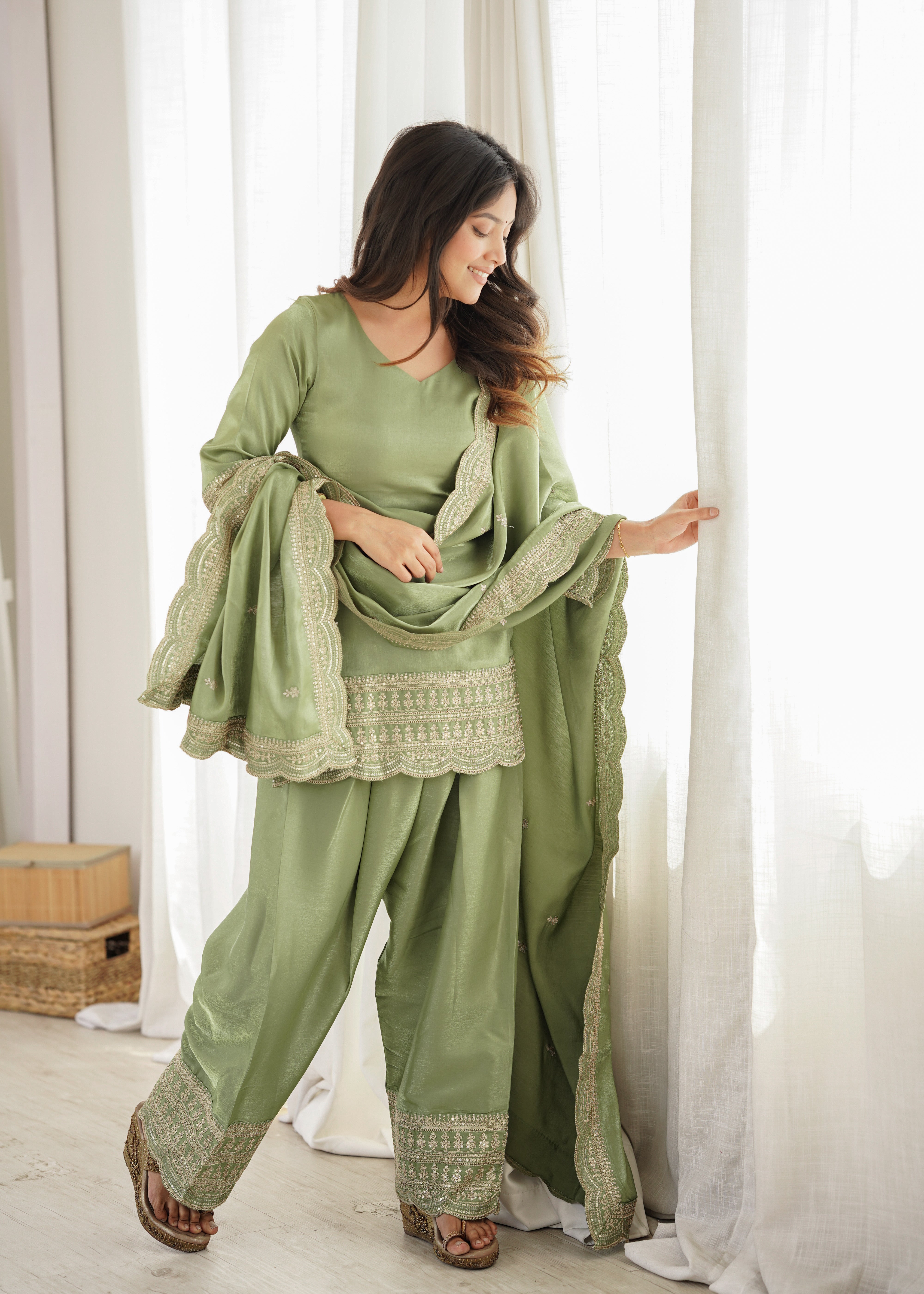 Premium Glass Roman Silk Embroidered Farshi Shalwar Set with Dupatta