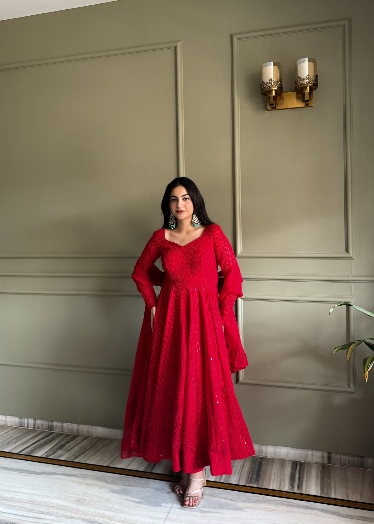 Premium Lukhnowi Fox Georgette Anarkali Suit Set with Sequin & Thread Work