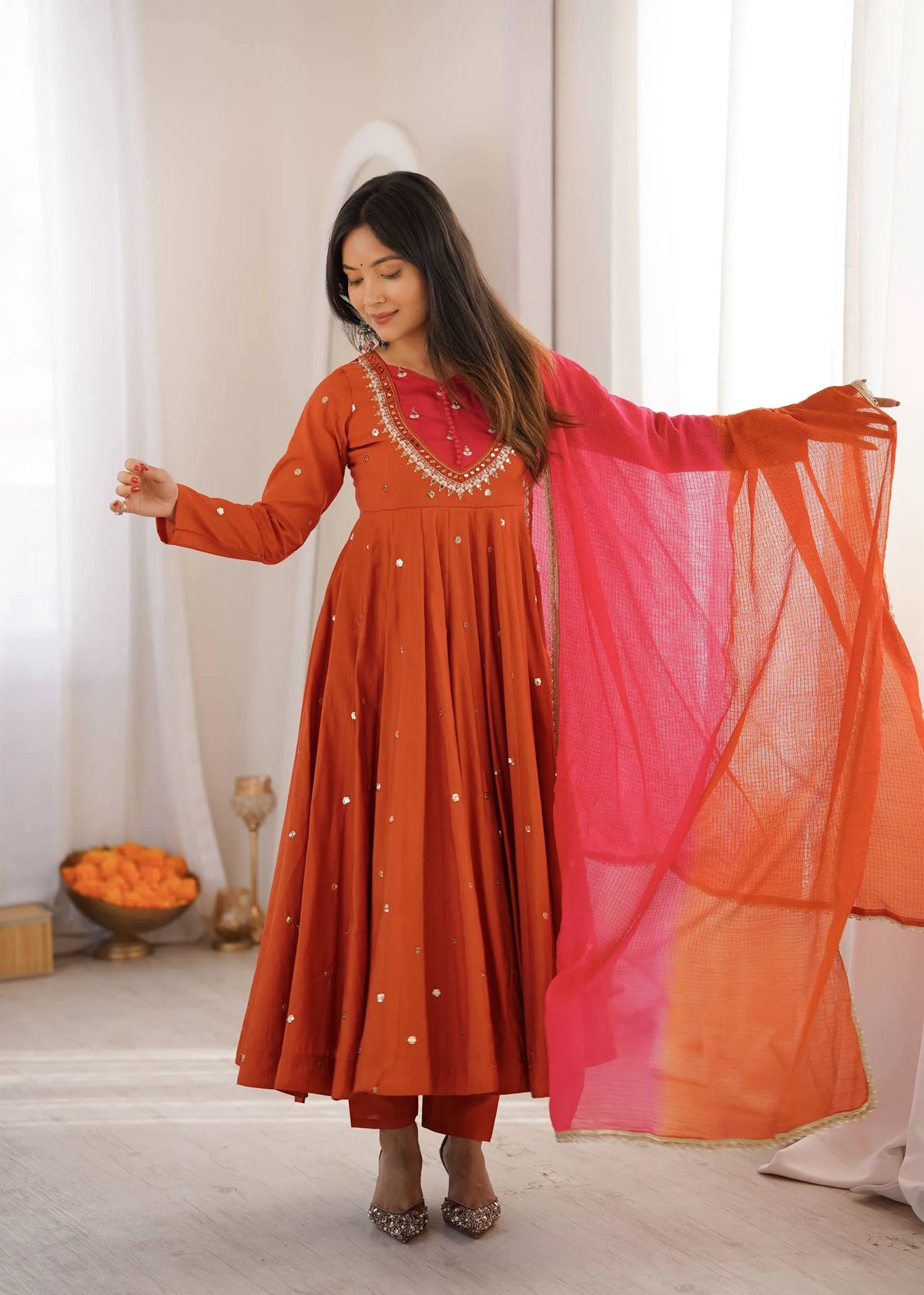 Premium Roman Silk Anarkali Gown with Embroidery, Sequin & Real Mirror Work