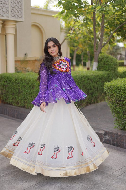 Premium Kora Cotton Navratri Lehenga Choli with Gota Lace & Bandhani Kutchi Gamthi Work