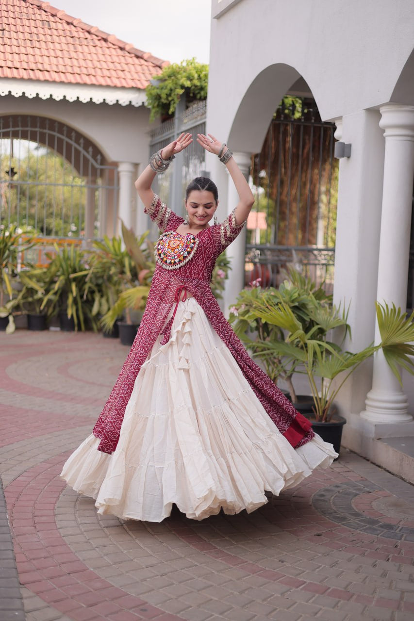 Premium Kora Cotton Navratri Lehenga with Bandhani Print & Kutchi Patchwork Kurti