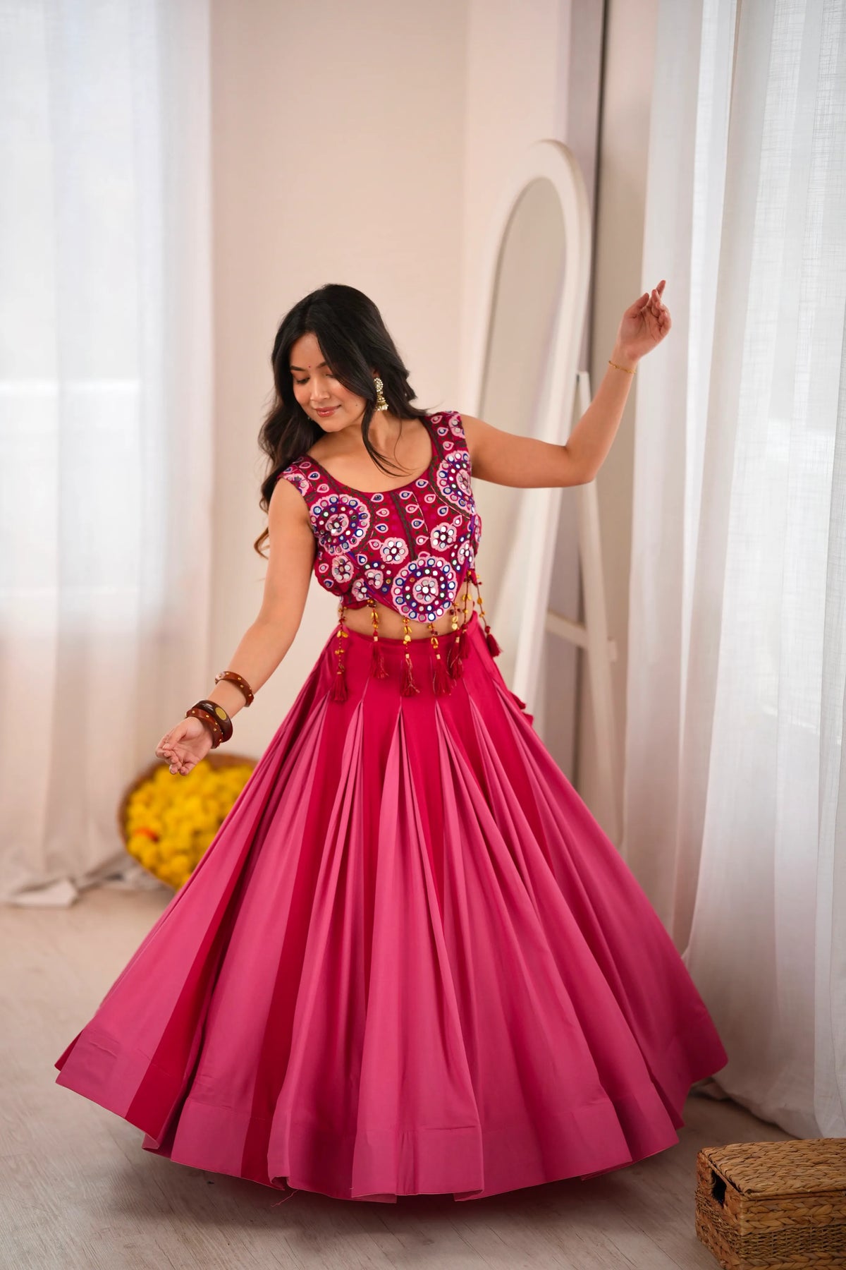 Premium Heavy Rayon Lehenga Choli with Fancy Lagdi Patta Lace & Real Mirror Work