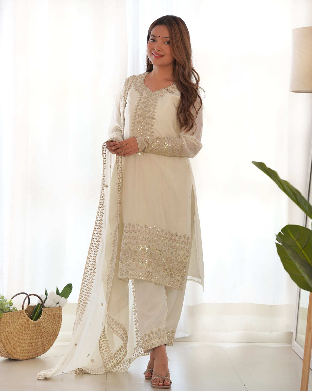 Premium Chinon Silk Straight Fit Kurta Set with Embroidery, Sequin & Jari Work