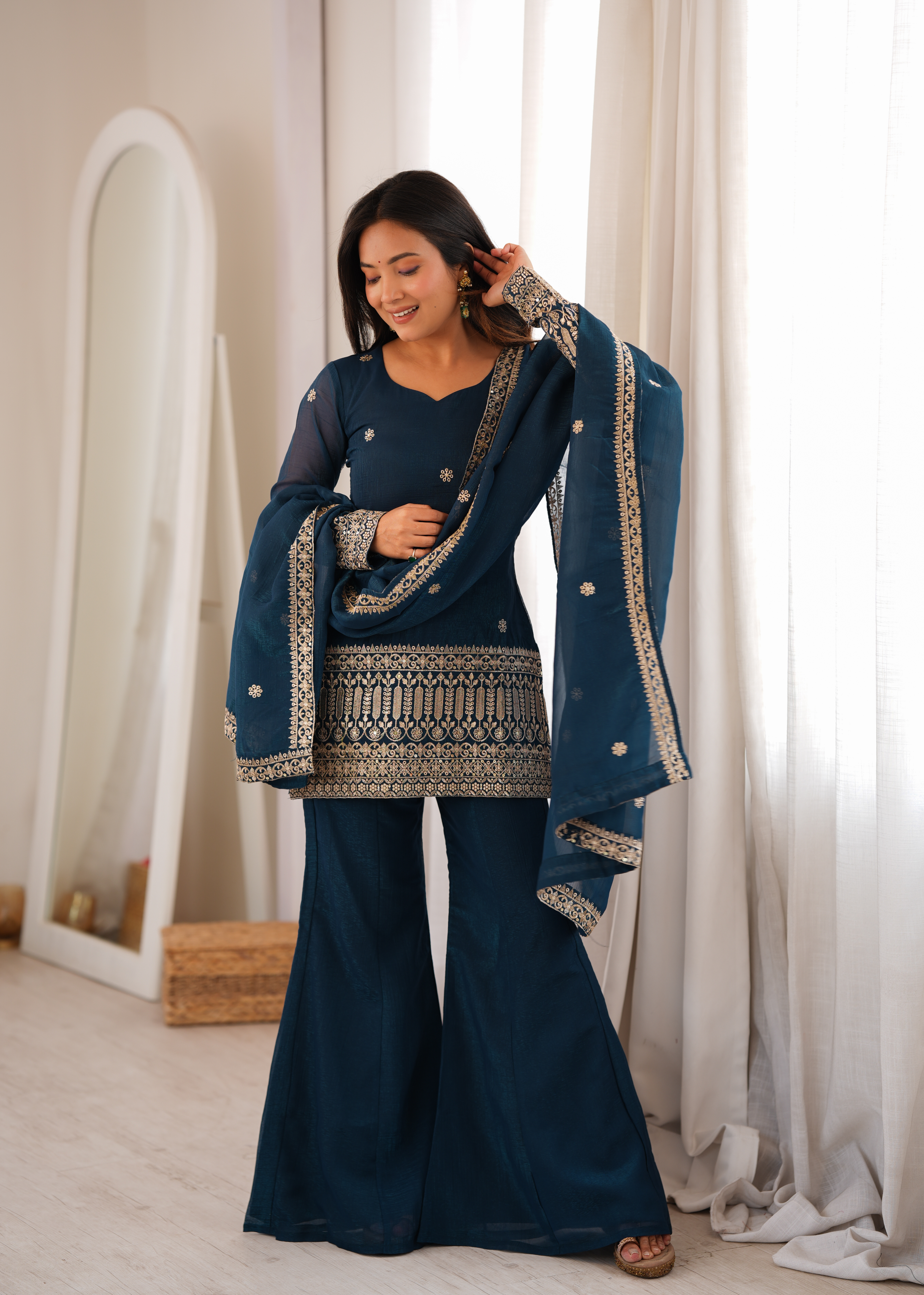 Premium Crunchy Silk Embroidered Bell Bottom Set