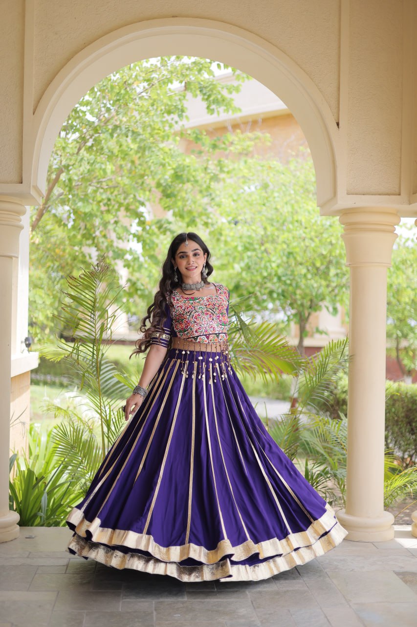 Reyon Navratri Lehenga Choli with Gota Patti Lace, Gamthi Embroidery & Real Mirror Work