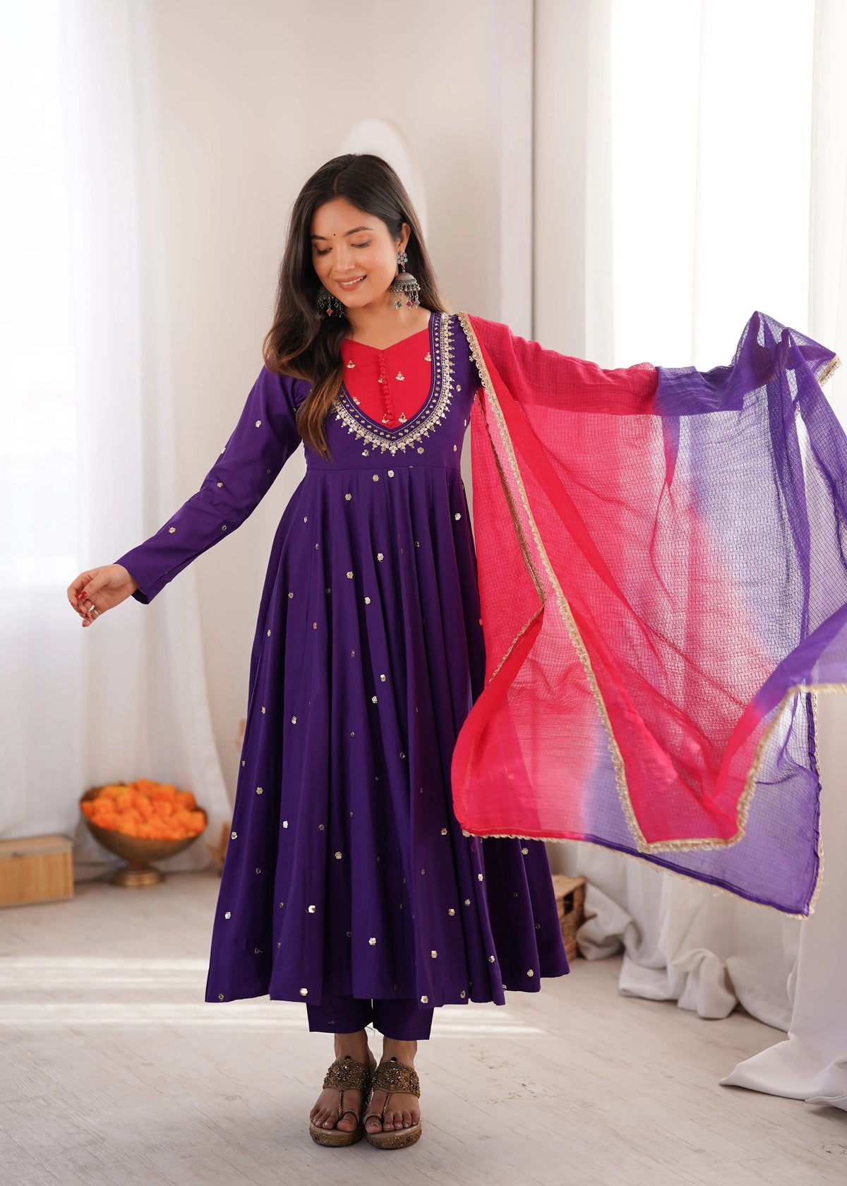 Premium Roman Silk Anarkali Gown with Embroidery, Sequin & Real Mirror Work