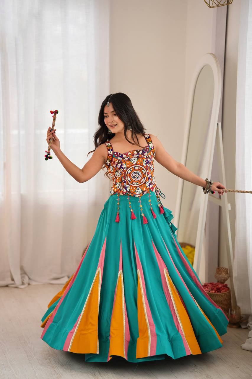 Premium Heavy Rayon Lehenga Choli with Fancy Lagdi Patta Lace & Real Mirror Work
