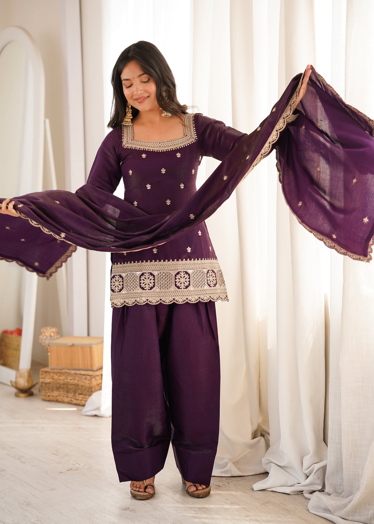 Premium Glass Roman Silk Top & Farshi Shalwar Set with Embroidery, Sequin, Dori & Jari Work