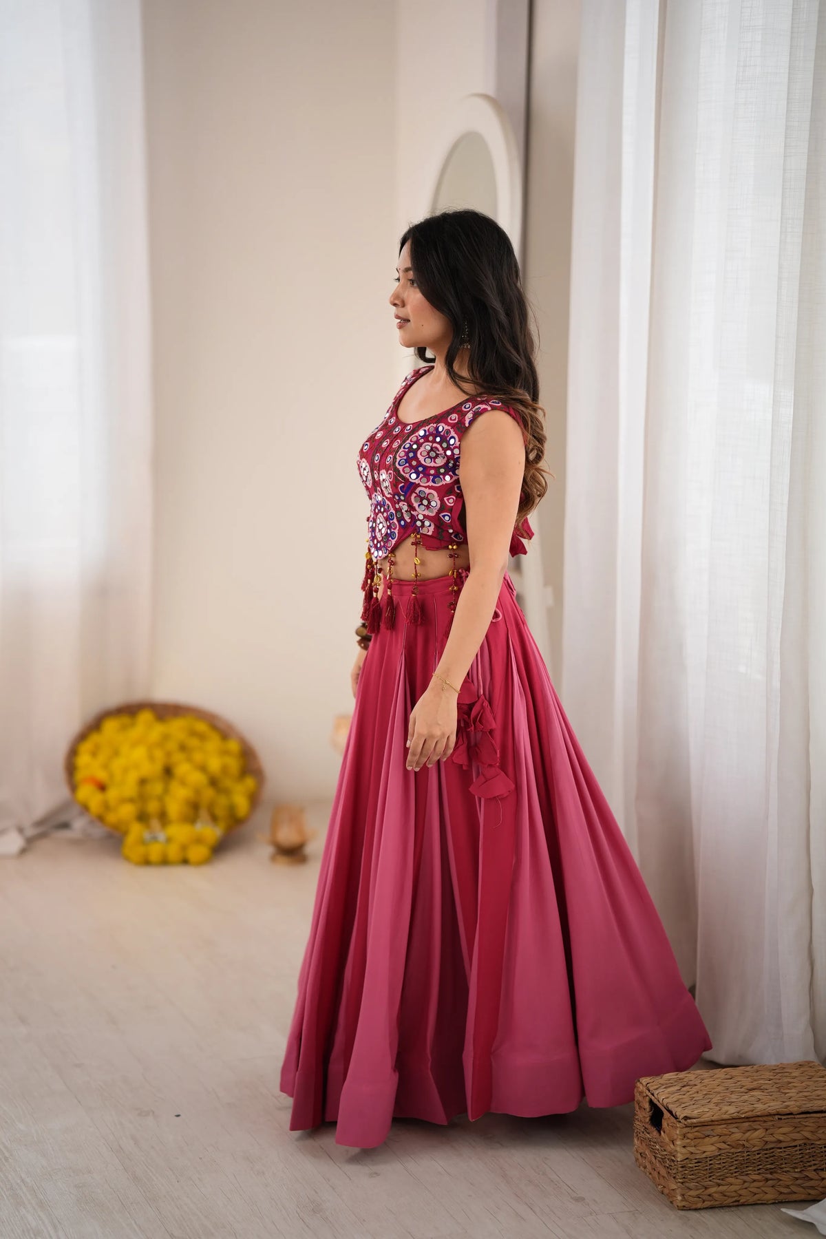 Premium Heavy Rayon Lehenga Choli with Fancy Lagdi Patta Lace & Real Mirror Work