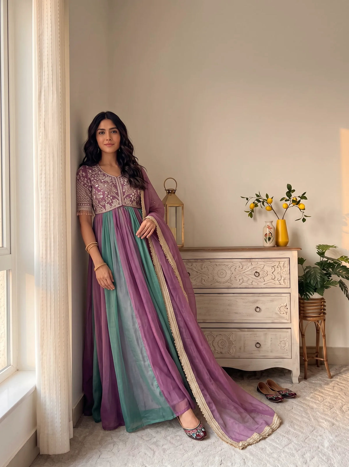 Premium NC Moss Silk Gown with Embroidery, Beads & Tassel Sleeves