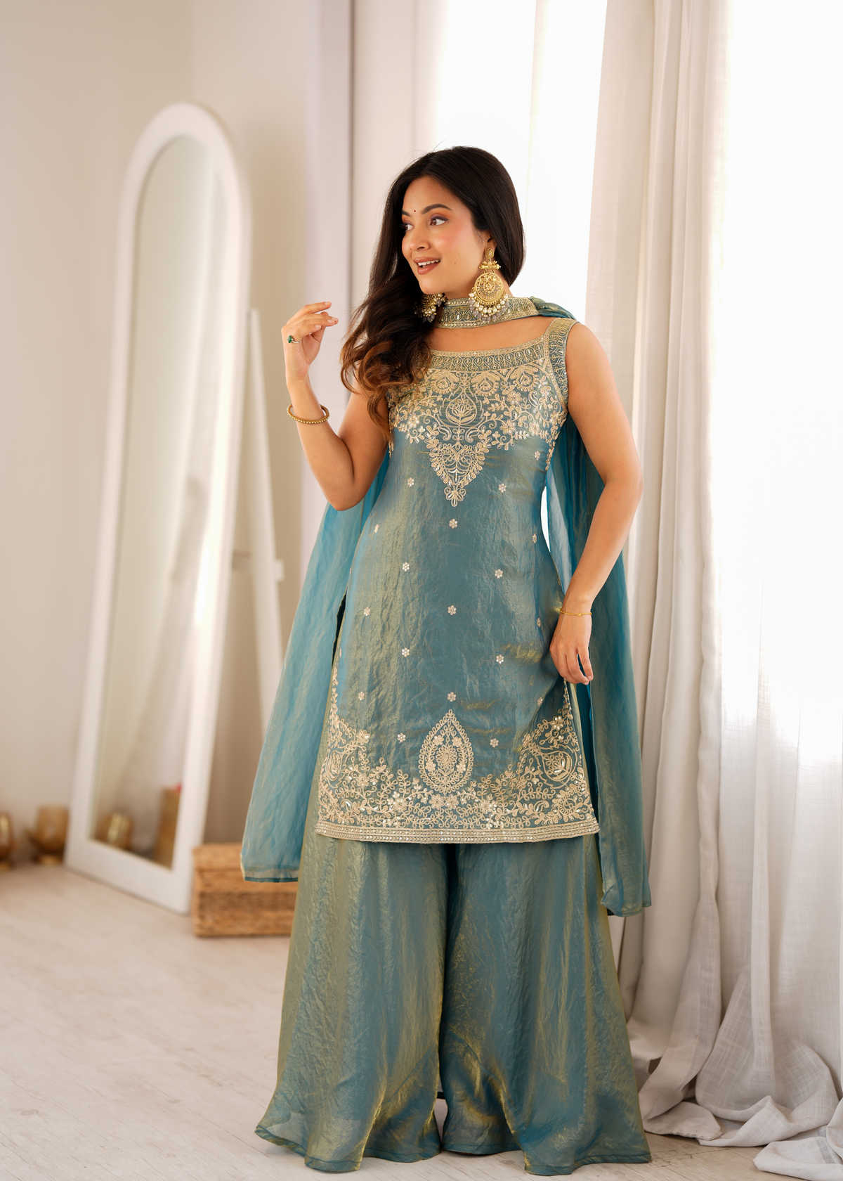 Premium Fendy Silk Embroidered Sharara Set with Dupatta