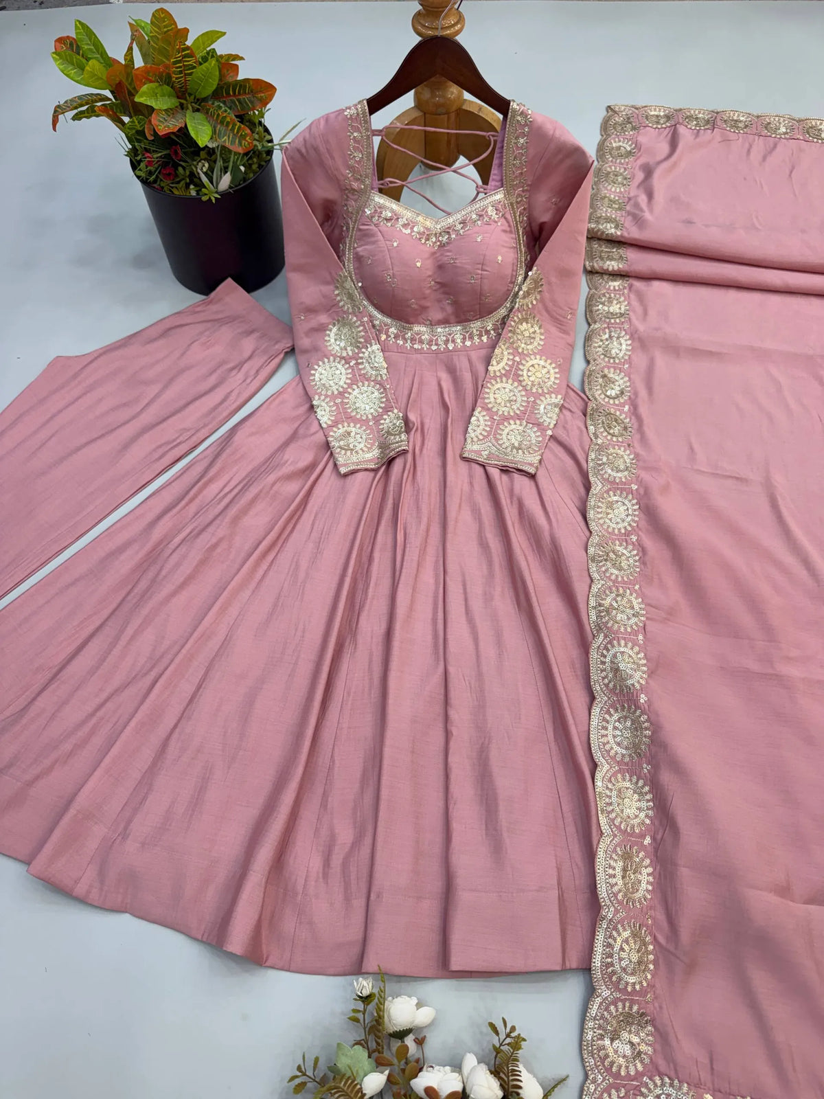 Premium Roman Silk Anarkali Gown with Embroidery & Sequin Work