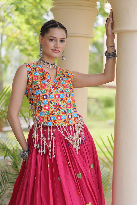 Premium Cora Cotton Navratri Lehenga Choli with Heart Thread Embroidery & Gamthi Mirror Work