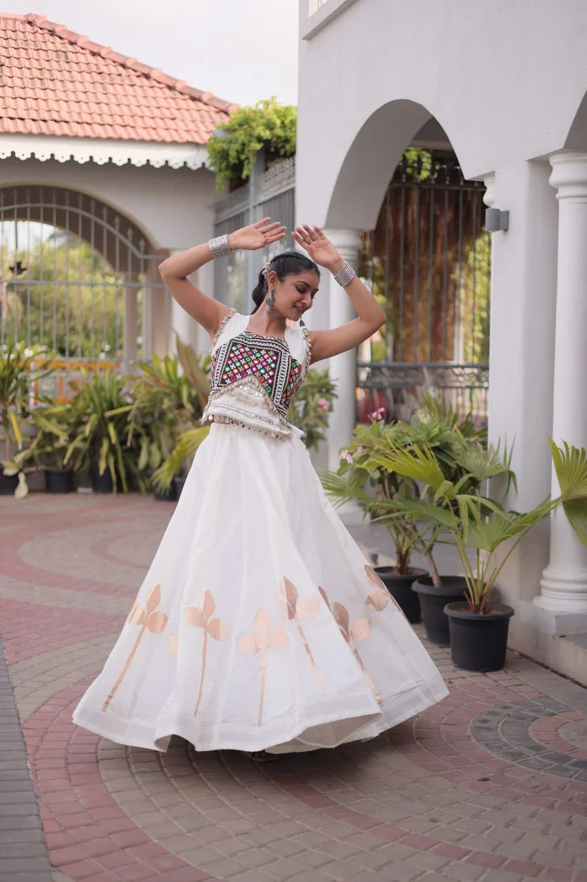 Premium Roman Silk Navratri Lehenga Choli with Pan-Patti Gota & Mirror Lace Work