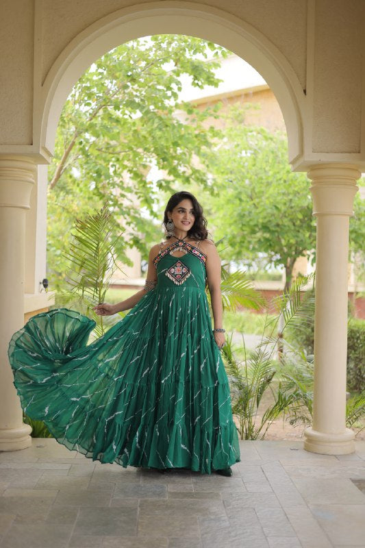 Premium Faux Georgette Navratri Gown with Laheriya Print & Kutchi Patchwork