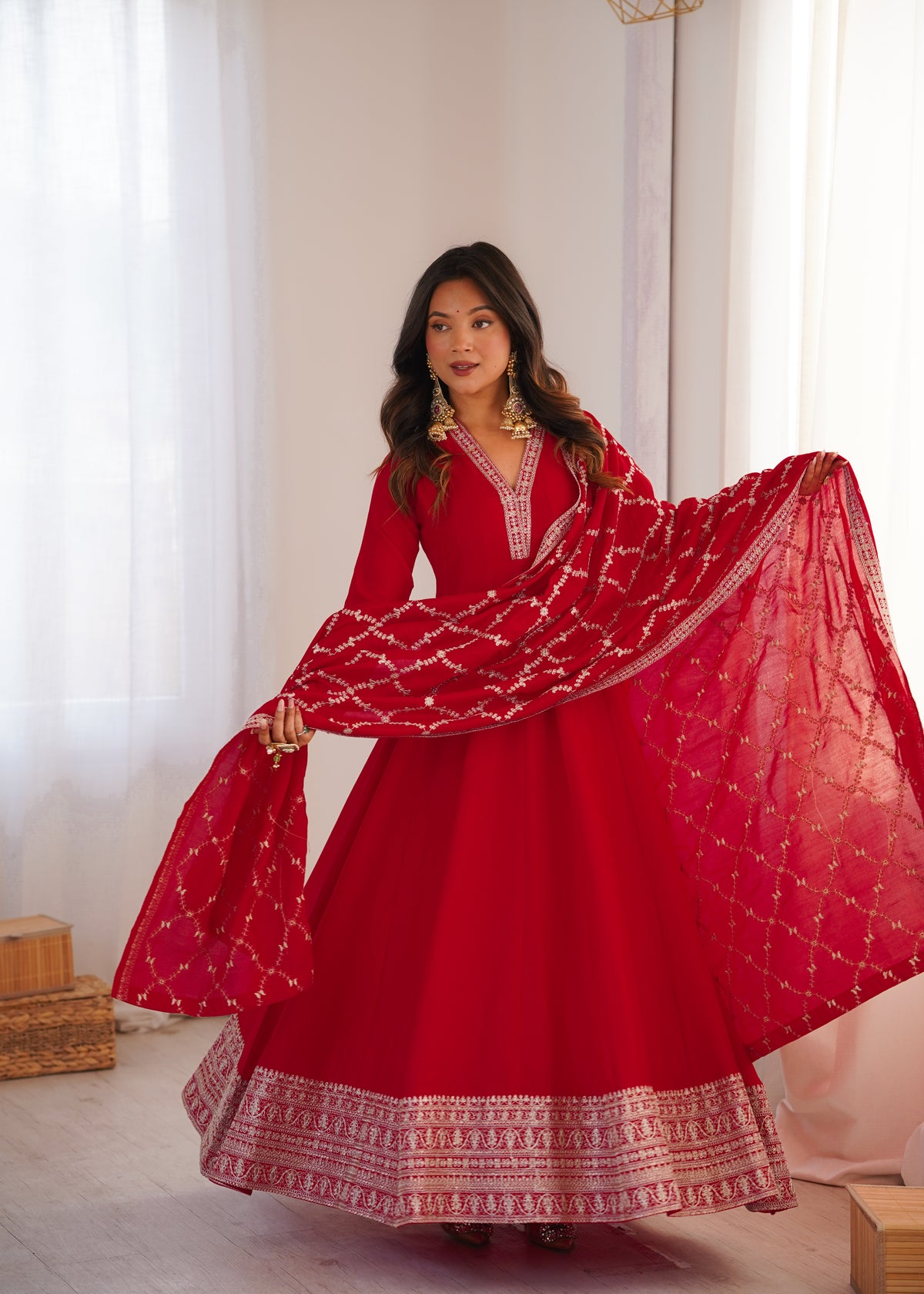 Premium Blooming Vichitra Silk Anarkali Gown with Embroidery, Sequin, Dori & Jari Work