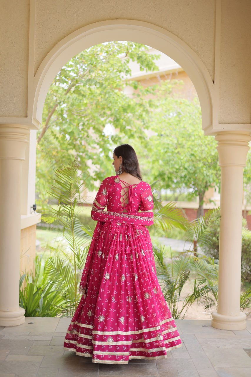 Premium Faux Georgette Bandhej Print Lehenga Choli with Embroidery & Dupatta
