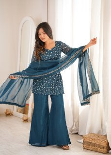 Premium Crunchy Silk Top Pant Set with Embroidery, Sequin & Jari Work