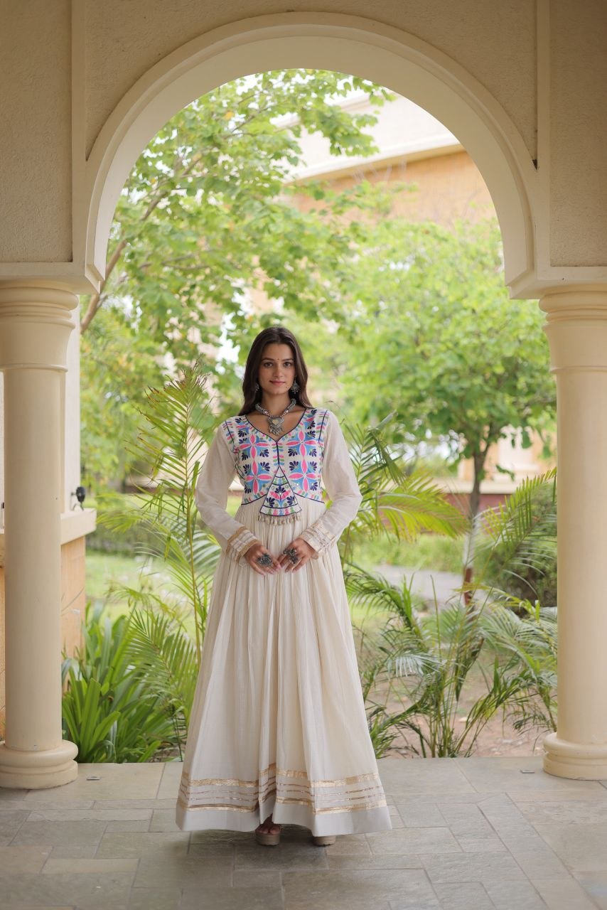 Premium Kora Cotton Navratri Gown with Multi-Thread Embroidery, Gota Patti, Mirror & Codi Lace Work
