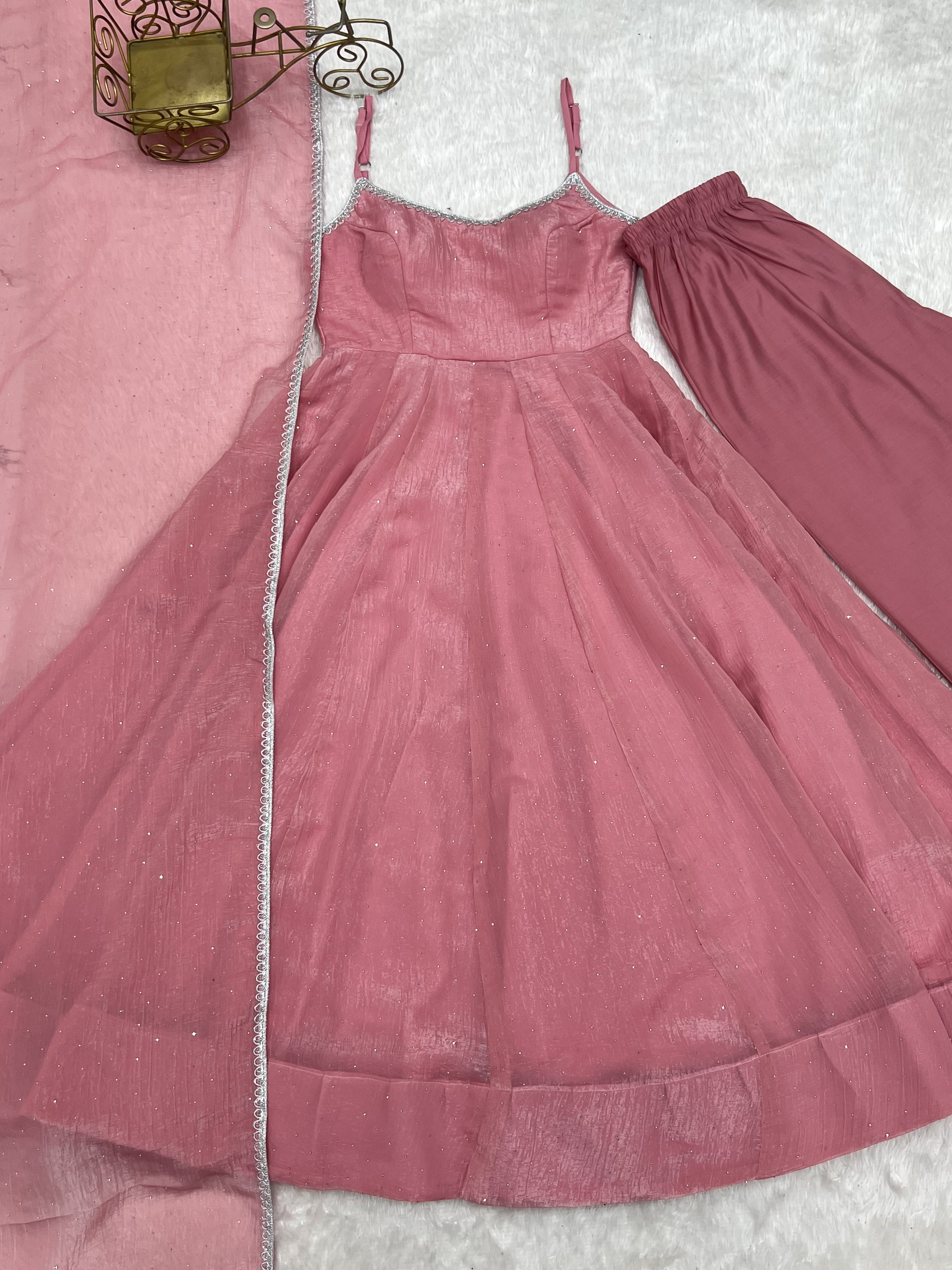 Premium Crunchy Silk Anarkali Gown Set with SiroSki Work, Dupatta & Pant