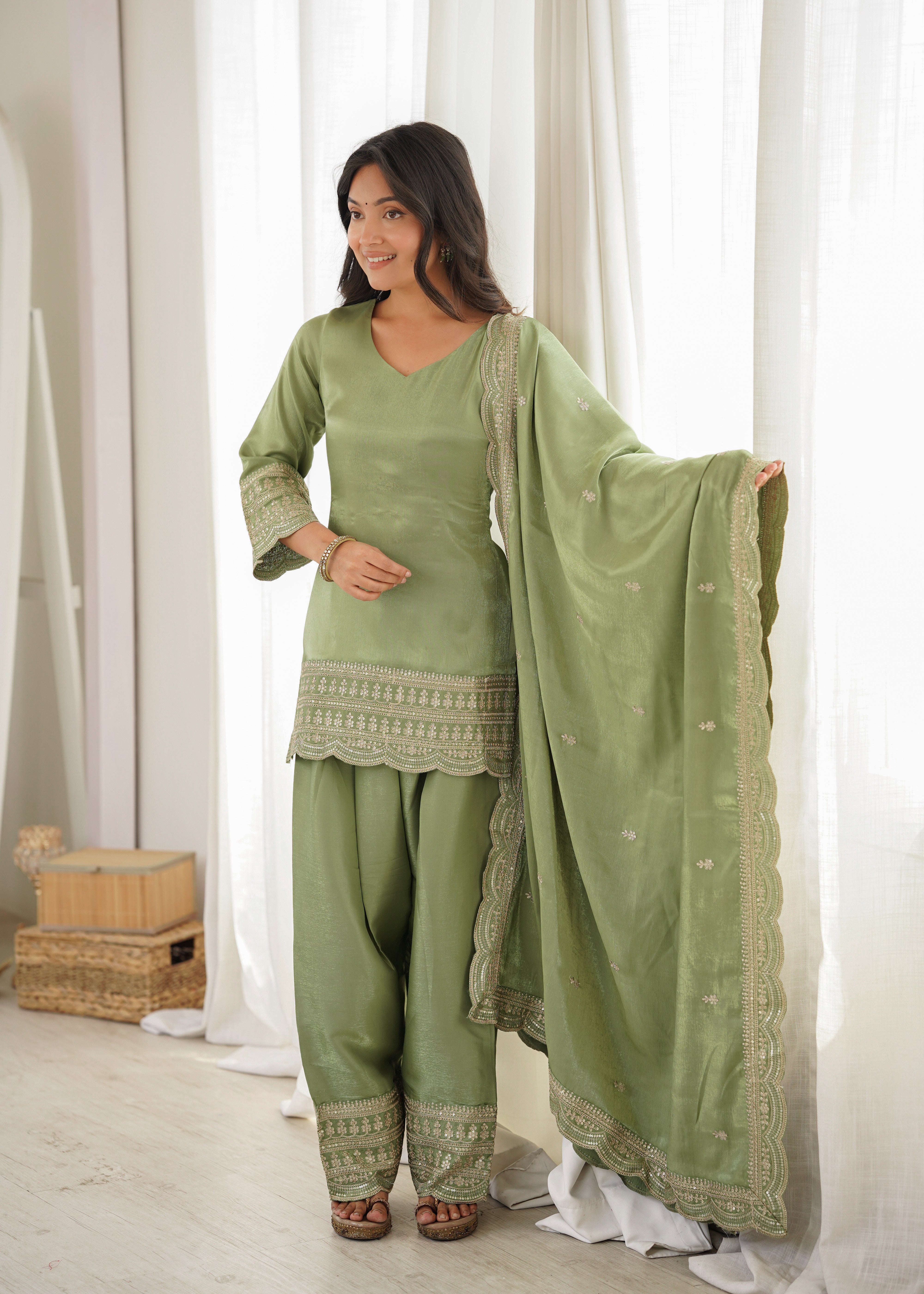 Premium Glass Roman Silk Embroidered Farshi Shalwar Set with Dupatta