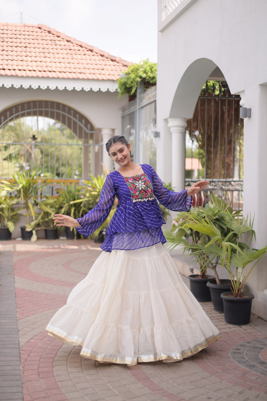 Premium Kora Cotton Navratri Lehenga Choli with Frill Stitching, Lampi Lace & Kutchi Gamthi Patchwork