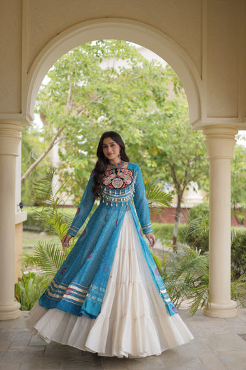 Premium Kora Cotton Navratri Lehenga with Bandhani Print & Kutchi Patchwork Kurti