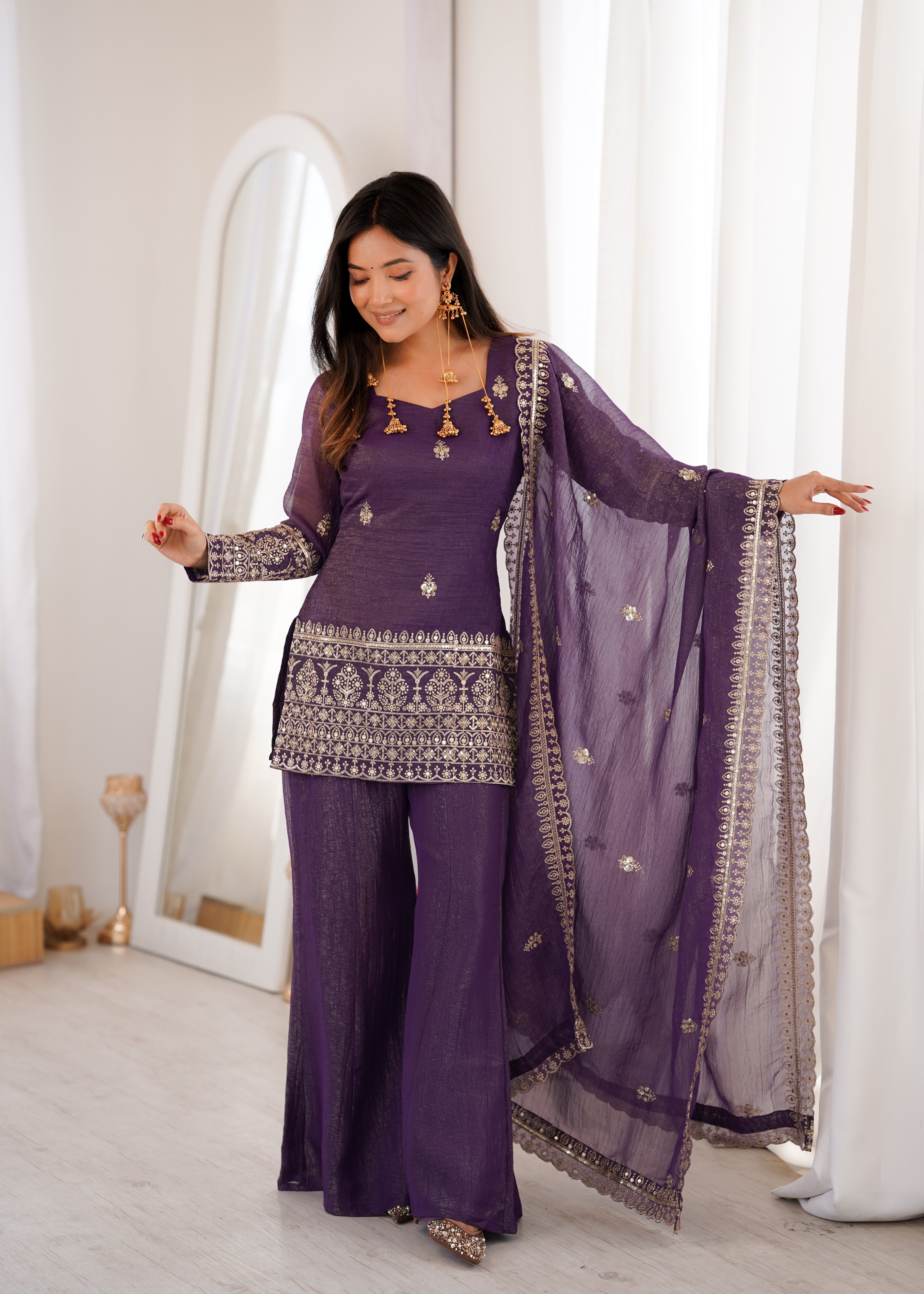 Premium Crunchy Silk Embroidered Bell Bottom Set