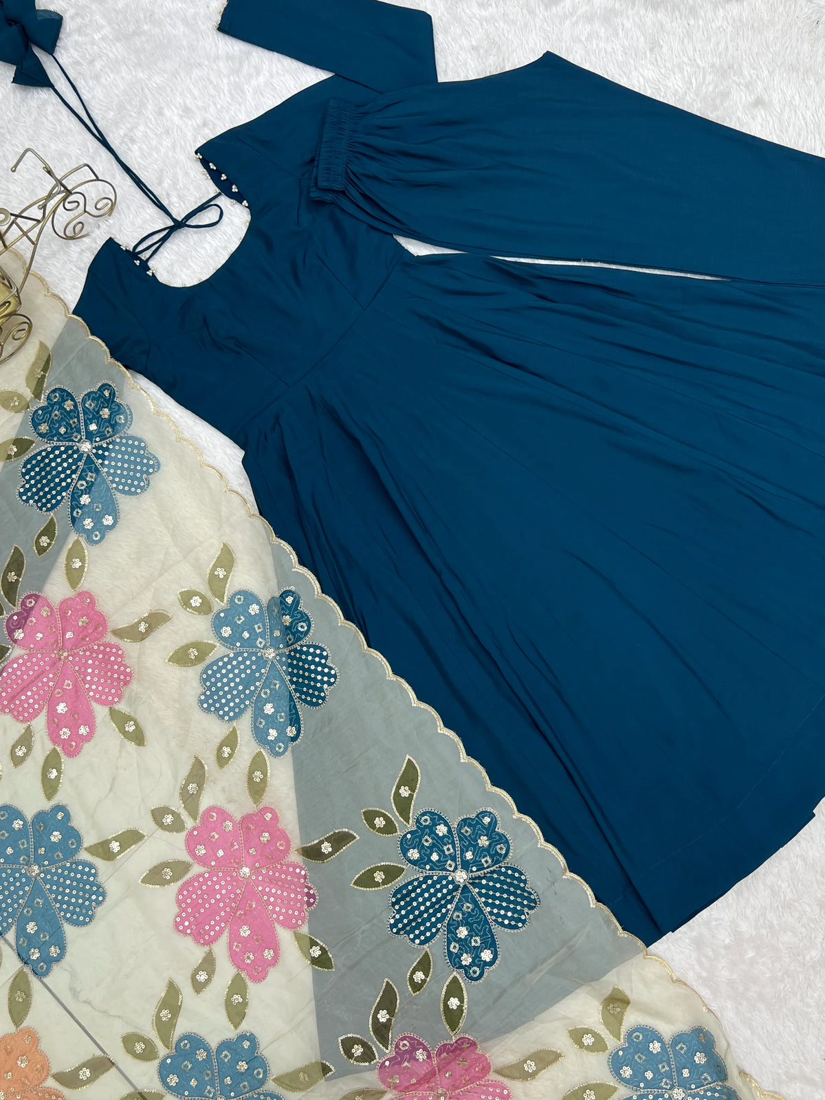 Premium Blooming Vichitra Silk Anarkali Gown with Embroidery, Jari & Real Mirror Lace