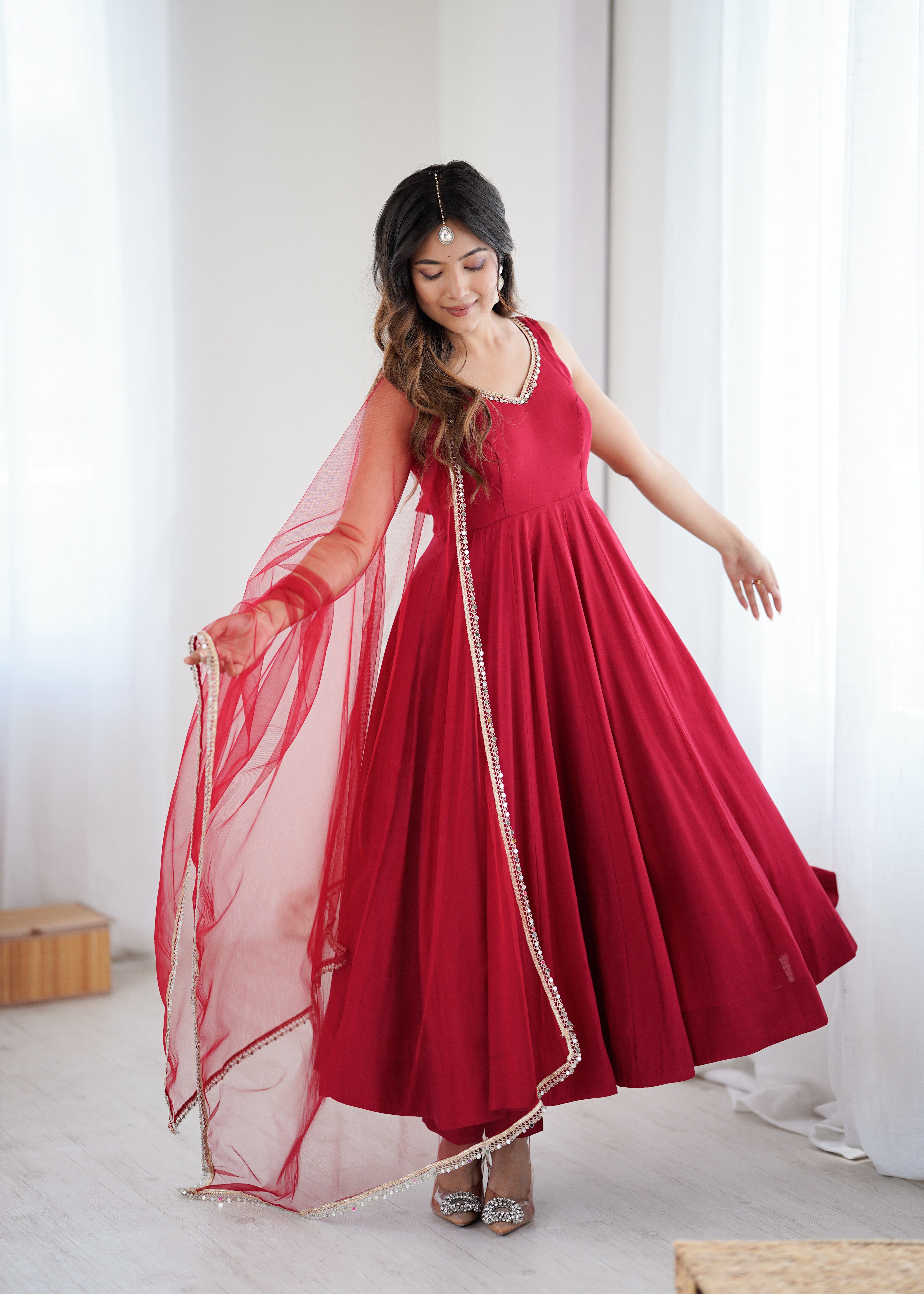Premium Pure Romansilk Chanderi 4 Meter Flared Anarkali Gown Set