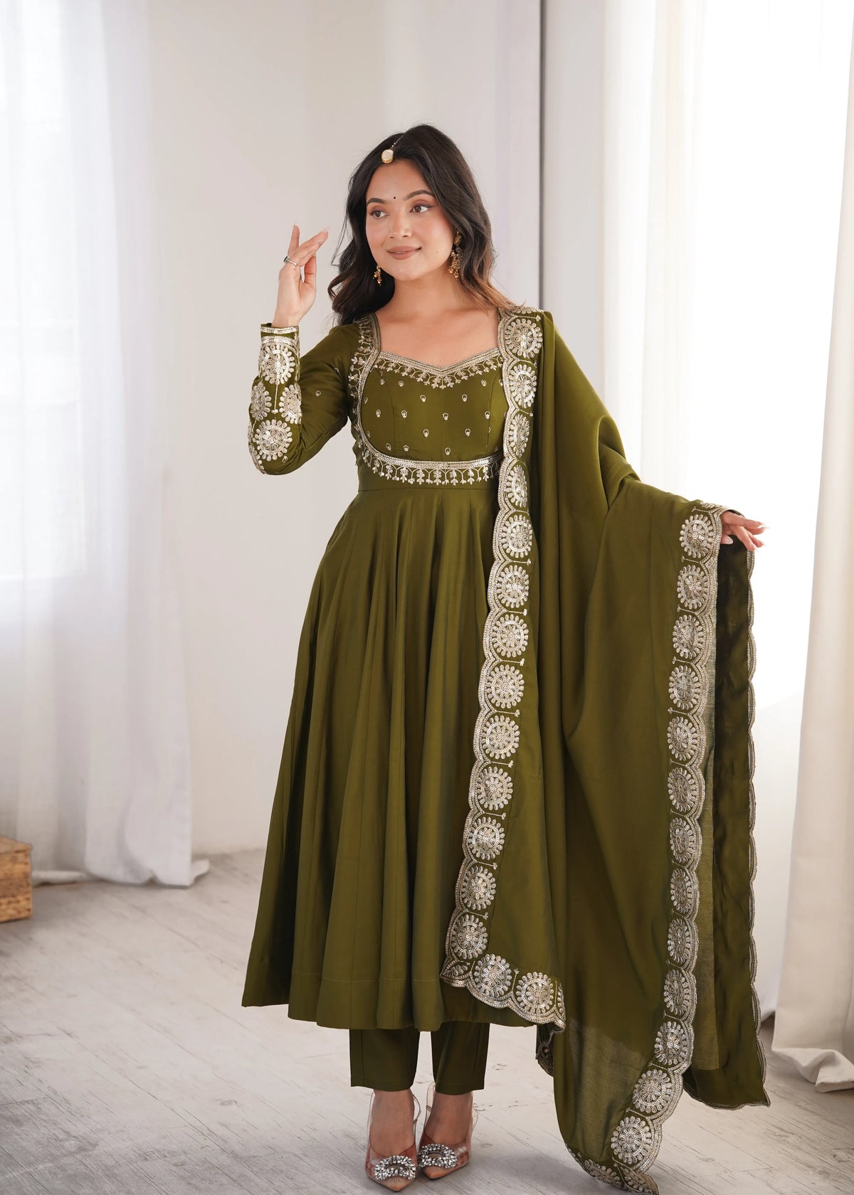 Premium Roman Silk Anarkali Gown with Embroidery & Sequin Work