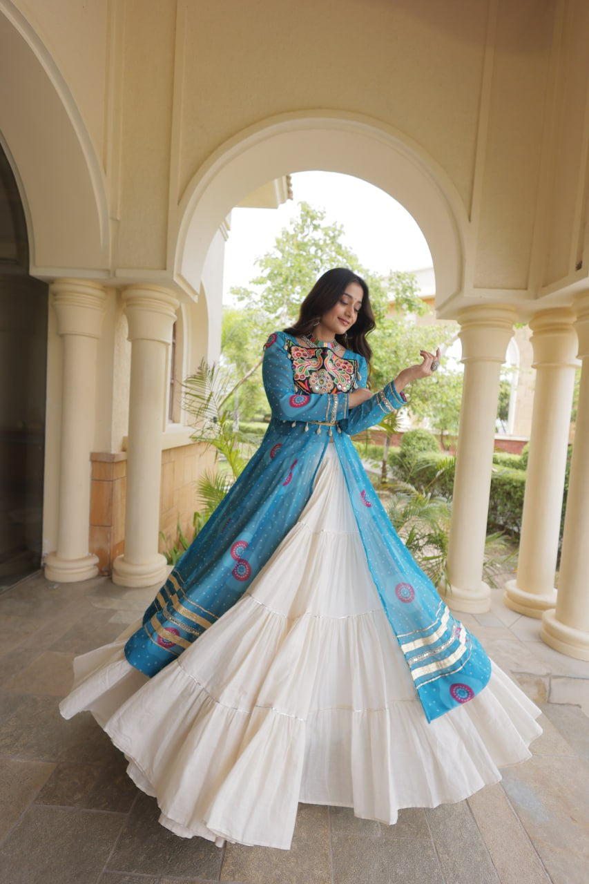 Premium Kora Cotton Navratri Lehenga with Bandhani Print & Kutchi Patchwork Kurti