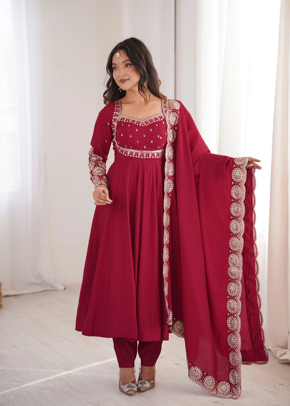 Premium Roman Silk Anarkali Gown with Embroidery & Sequin Work