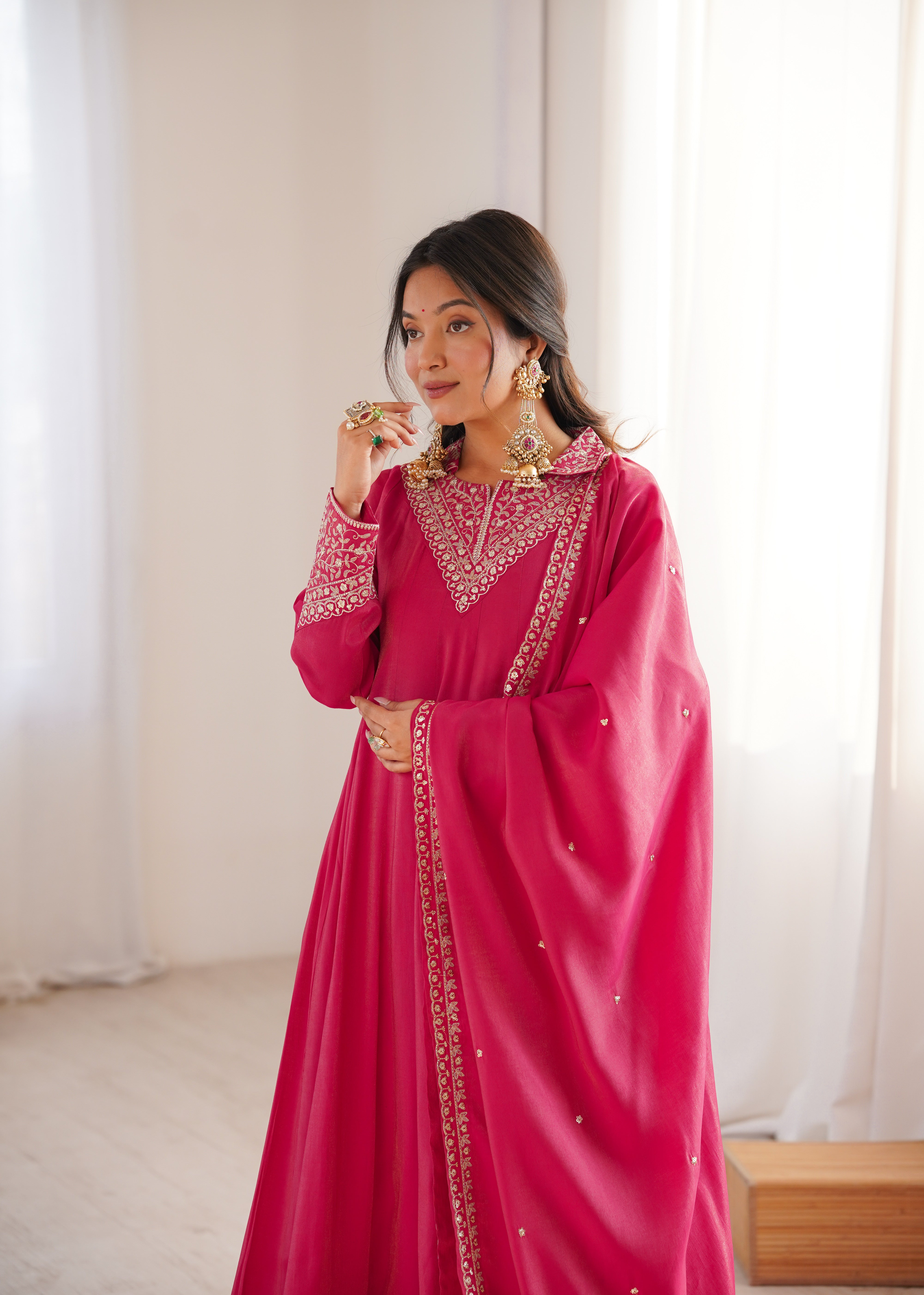 Premium Pure Roman Shimmer Silk Fully Flared Anarkali Gown Set
