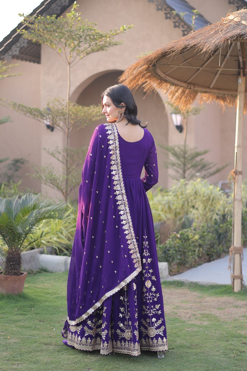 Premium Faux Blooming Georgette Embroidered Gown with Dupatta