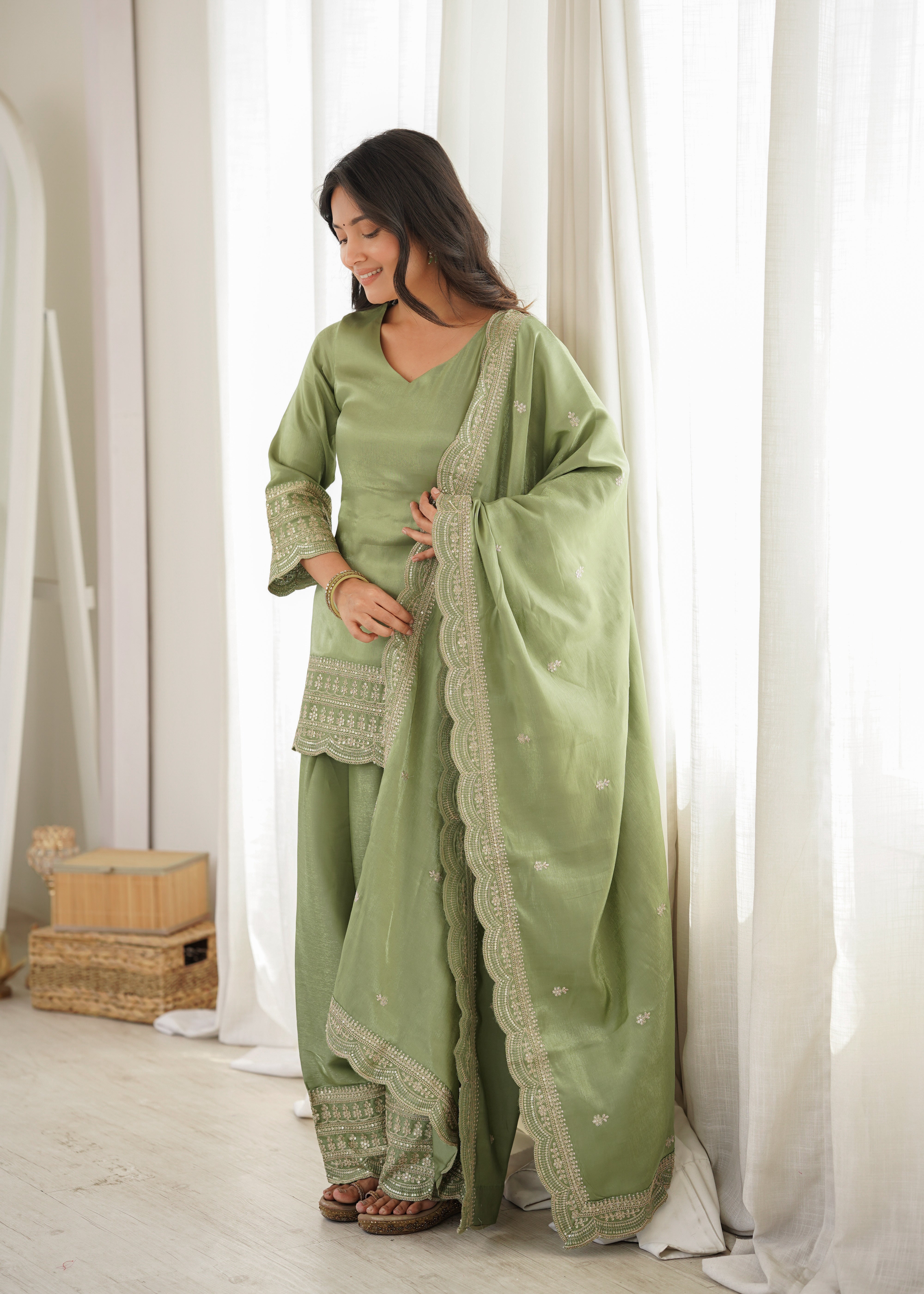 Premium Glass Roman Silk Embroidered Farshi Shalwar Set with Dupatta