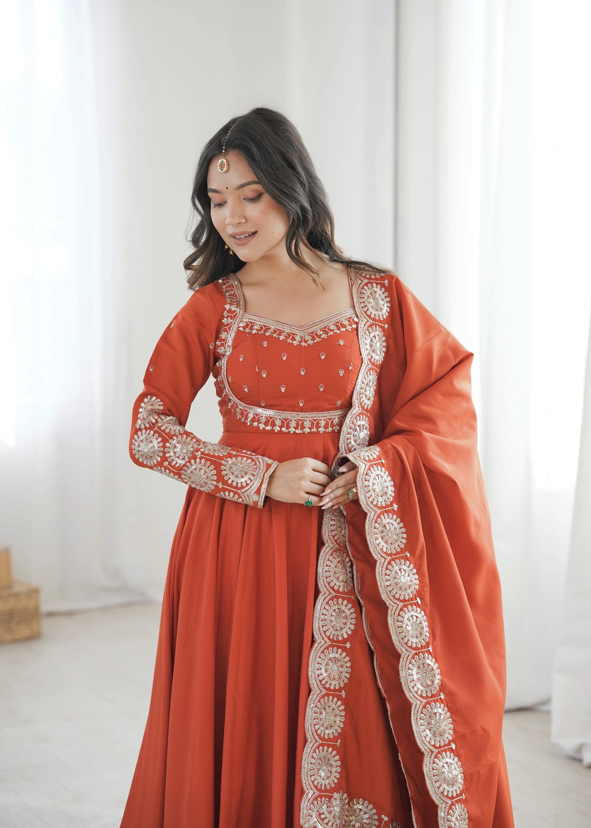 Premium Roman Silk Anarkali Gown with Embroidery & Sequin Work