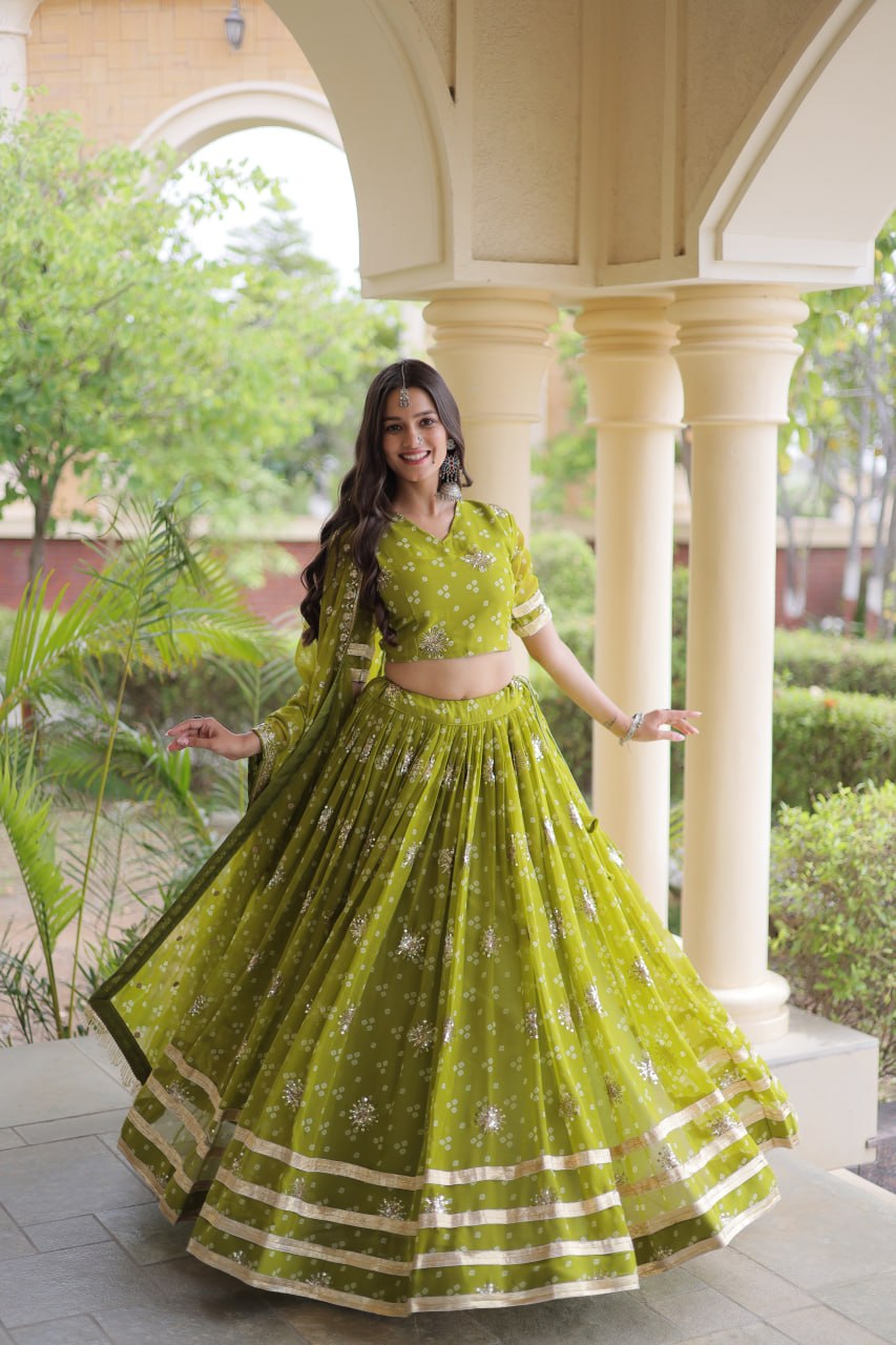 Premium Faux Georgette Bandhej Print Lehenga Choli with Embroidery & Dupatta
