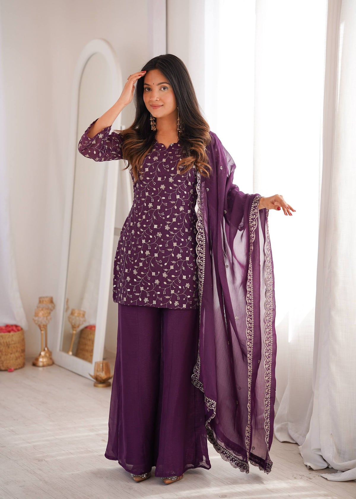 Premium Crunchy Silk Top Pant Set with Embroidery, Sequin & Jari Work