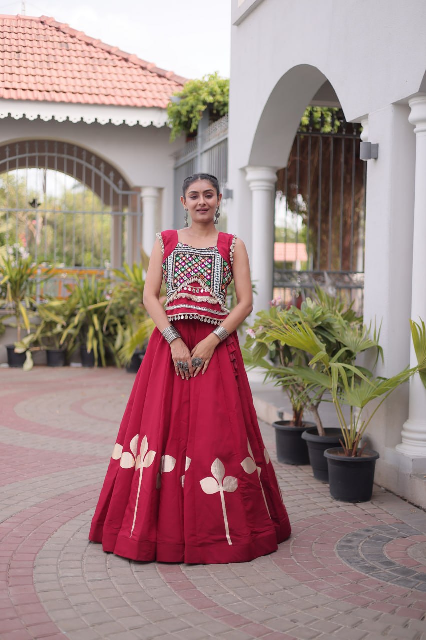 Premium Roman Silk Navratri Lehenga Choli with Pan-Patti Gota & Mirror Lace Work
