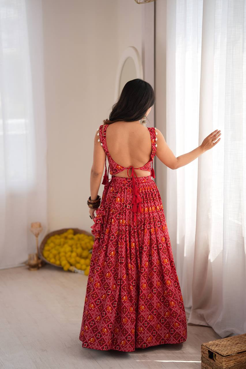 Premium Heavy Rayon Digital Print Lehenga Choli with Embroidered Mirror Work Koti