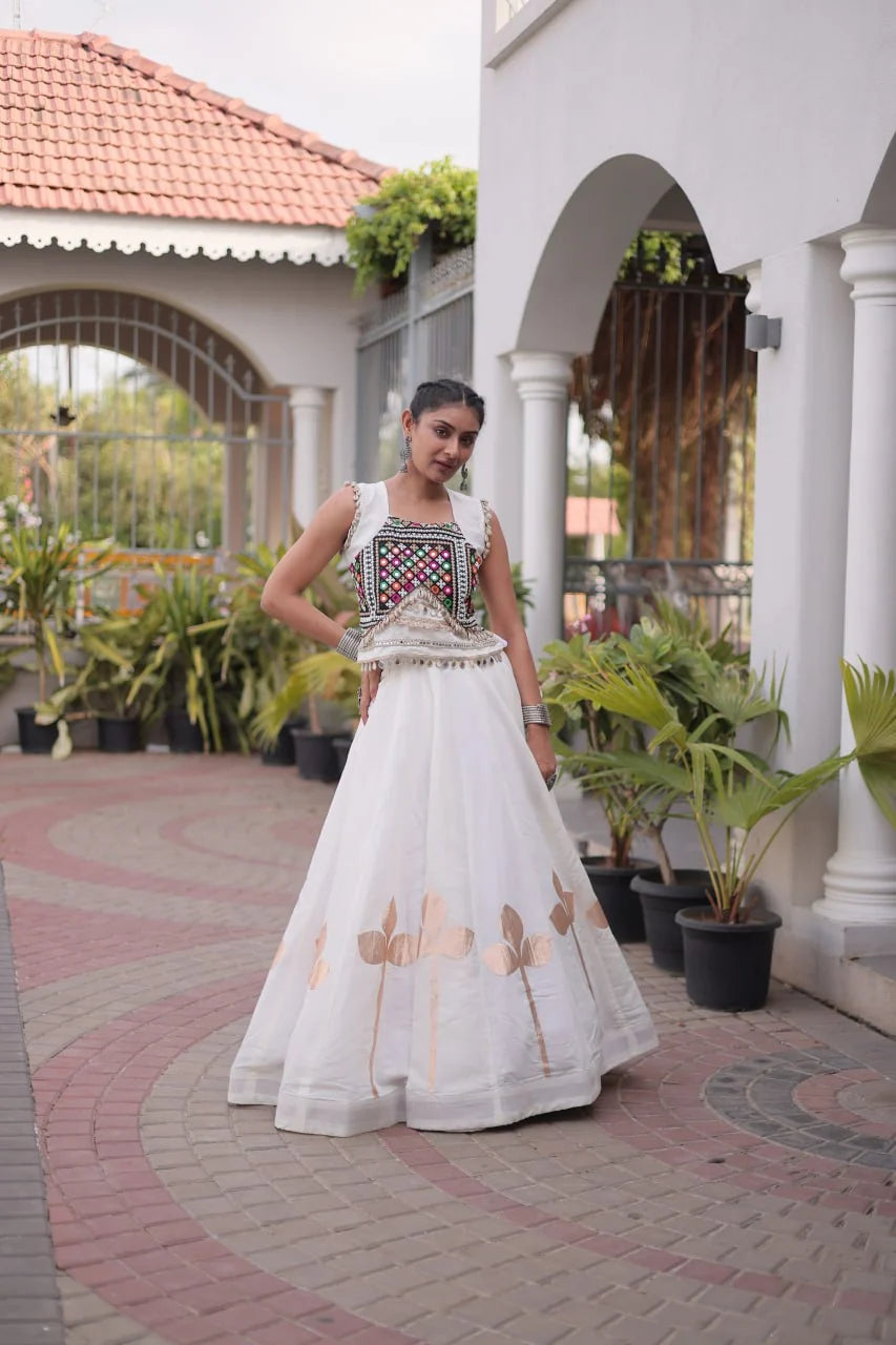 Premium Roman Silk Navratri Lehenga Choli with Pan-Patti Gota & Mirror Lace Work