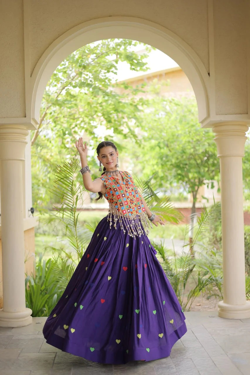 Premium Cora Cotton Navratri Lehenga Choli with Heart Thread Embroidery & Gamthi Mirror Work