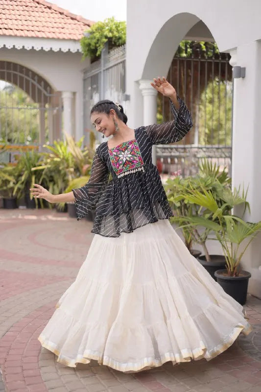 Premium Kora Cotton Navratri Lehenga Choli with Frill Stitching, Lampi Lace & Kutchi Gamthi Patchwork