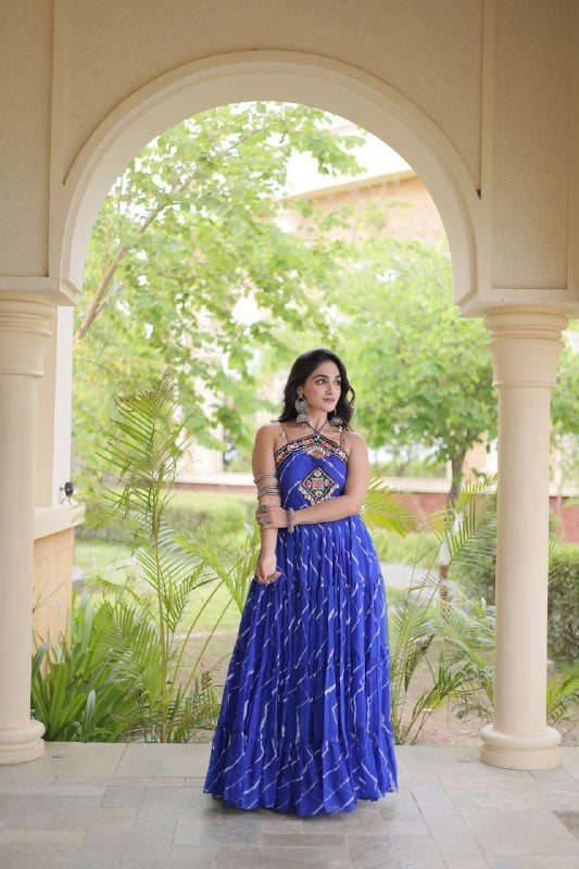 Premium Faux Georgette Navratri Gown with Laheriya Print & Kutchi Patchwork