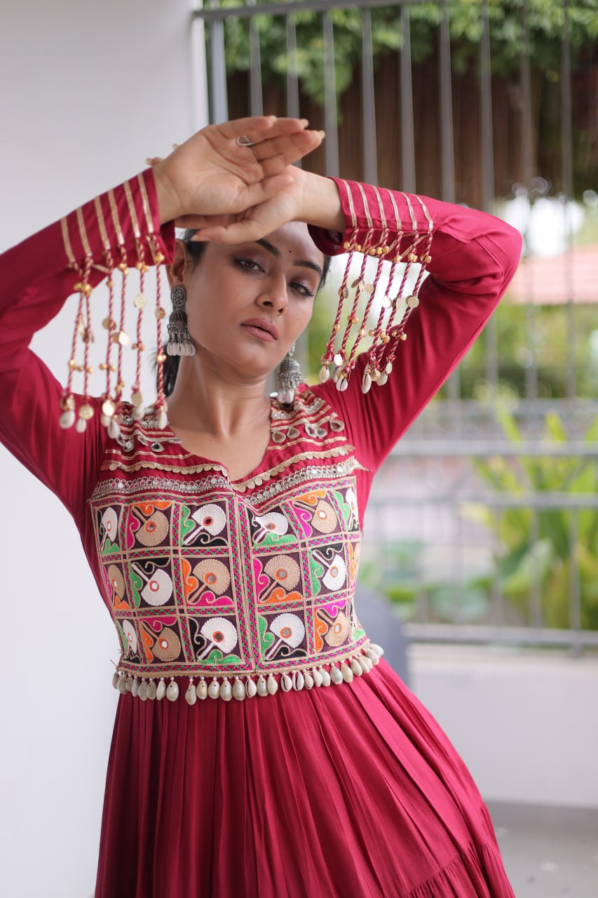 Reyon Navratri Gown with Kutchi Gamthi Embroidery & Mirror Work